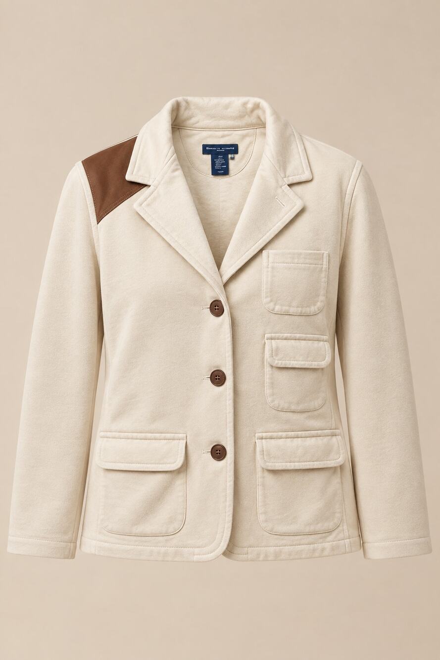 Ralph Lauren Cream Knit Blazer Brown Suede Shoulder Patch Heritage Jacket XL